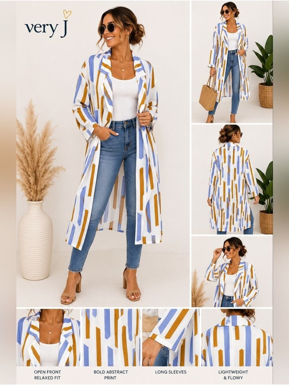 Very J Abstract Print Open-Front Duster Cardigan | Lightweight Longline Layering